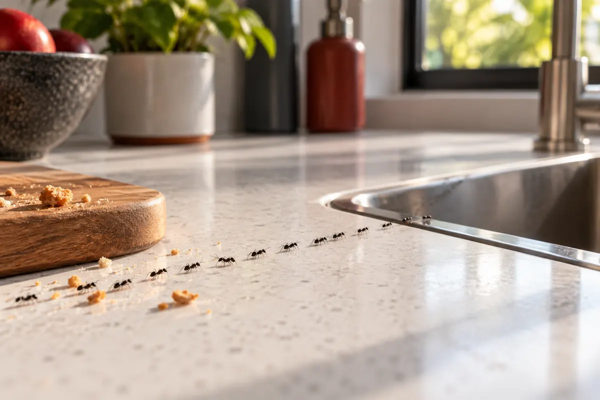 A trail of small black ants crossing a kitchen bench toward the sink