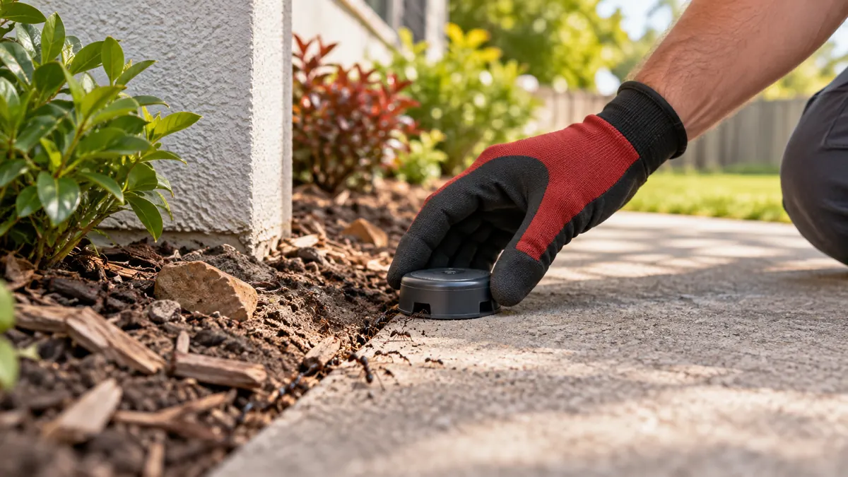 Ant bait being placed beside a garden path outside a Logan home