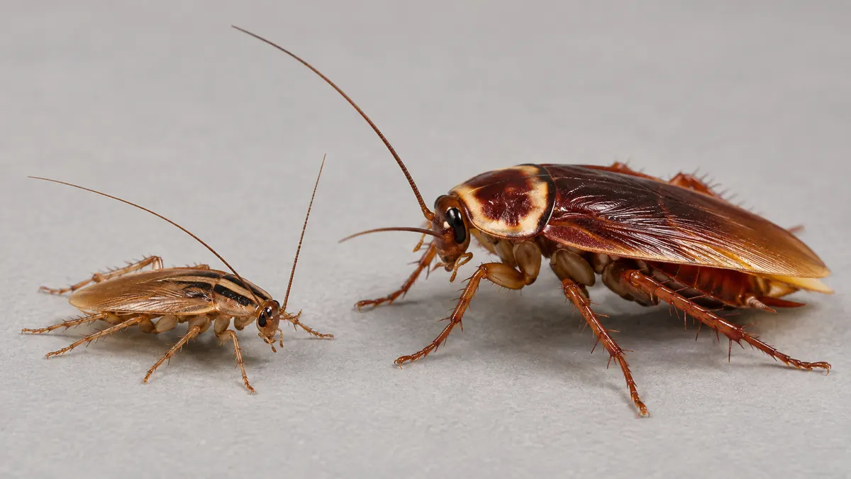 Side by side comparison of a German cockroach and a larger Australian cockroach with yellow edges