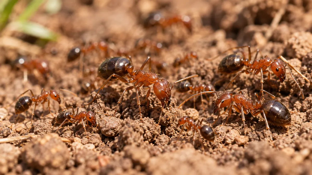 Close up of copper brown fire ant workers of different sizes with darker abdomens