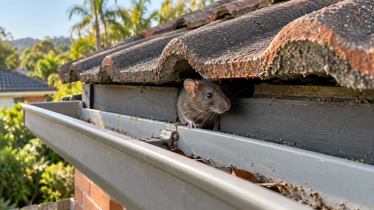 Gap under a roof tile at the gutter line where rats get into the ceiling