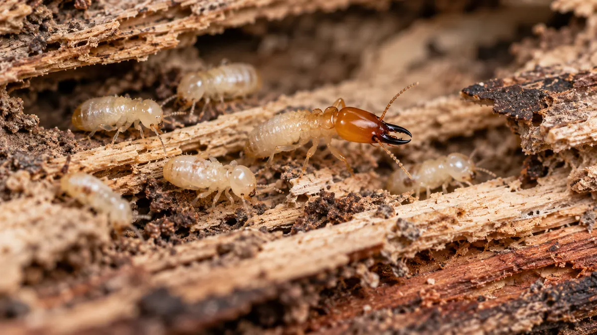 Close up of subterranean termite workers and a soldier on damaged timber