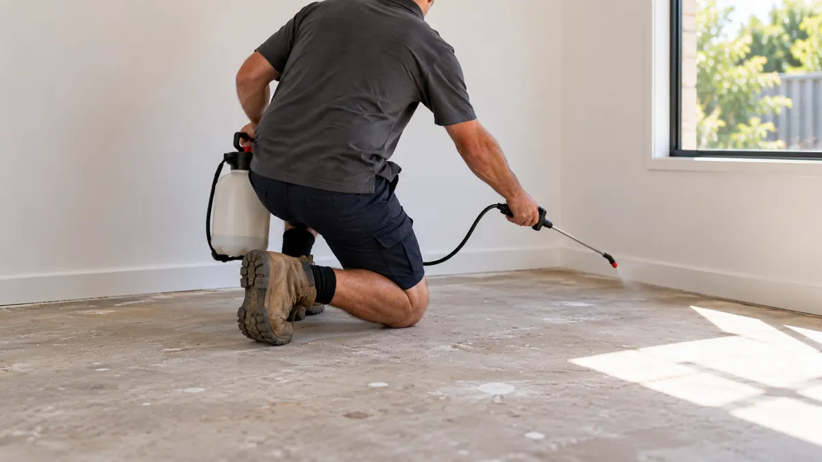 A pest controller treating the skirting of a vacated rental property in Logan
