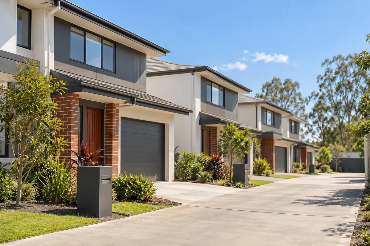 Row of two-storey townhouses with shared driveway and gardens in a Logan complex