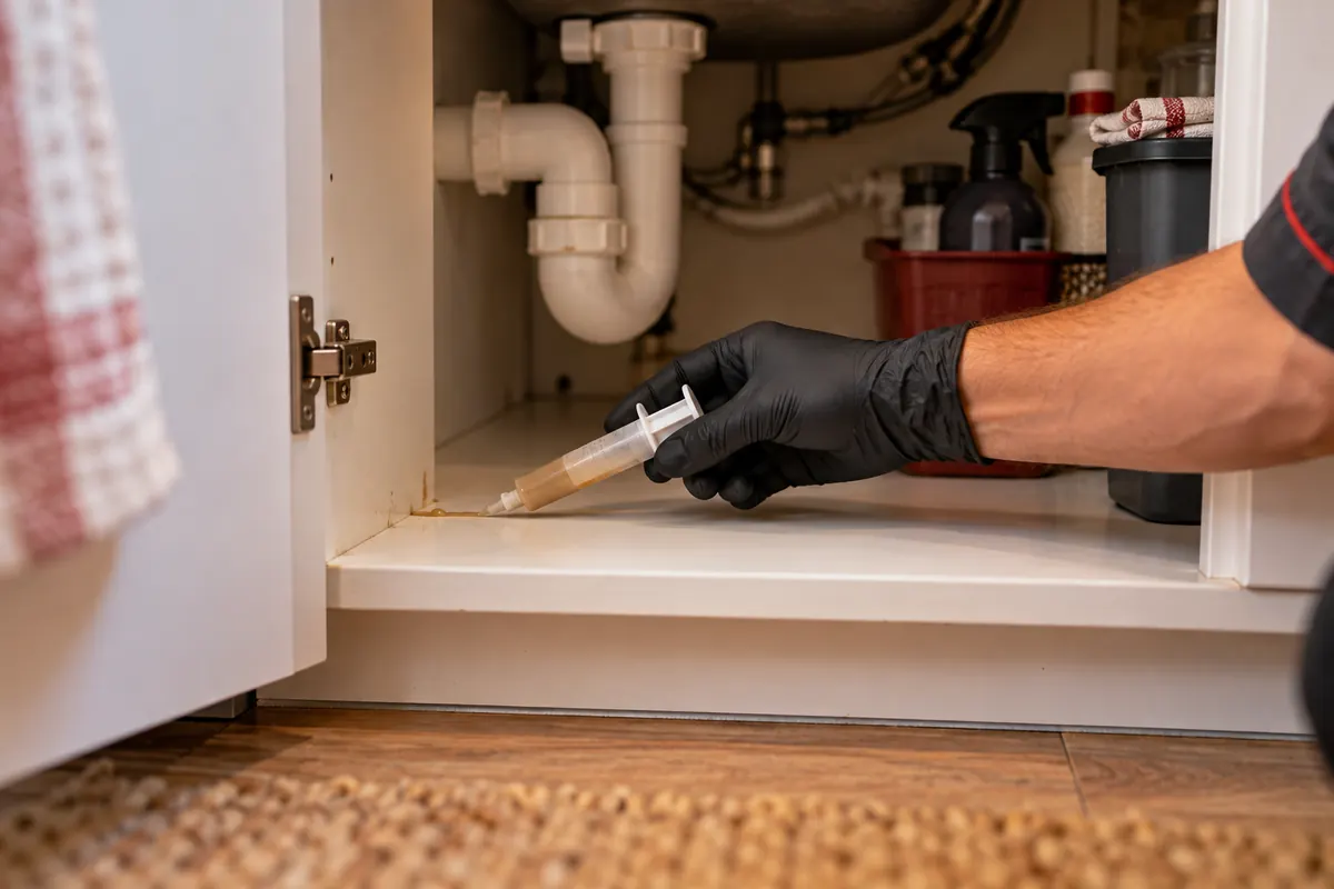 Gel bait being applied inside a kitchen cupboard to treat German cockroaches