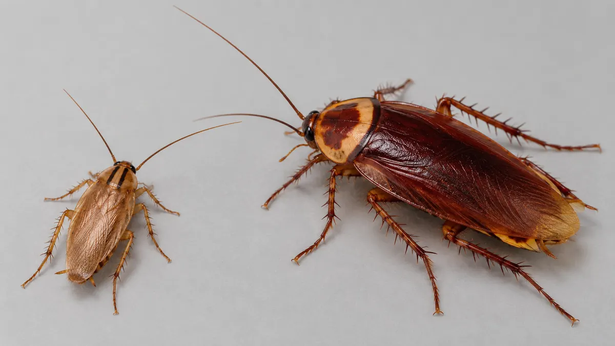 Side by side comparison of a small German cockroach and a large Australian cockroach