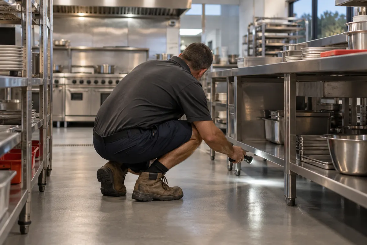Pest technician checking under stainless steel benches in a commercial kitchen