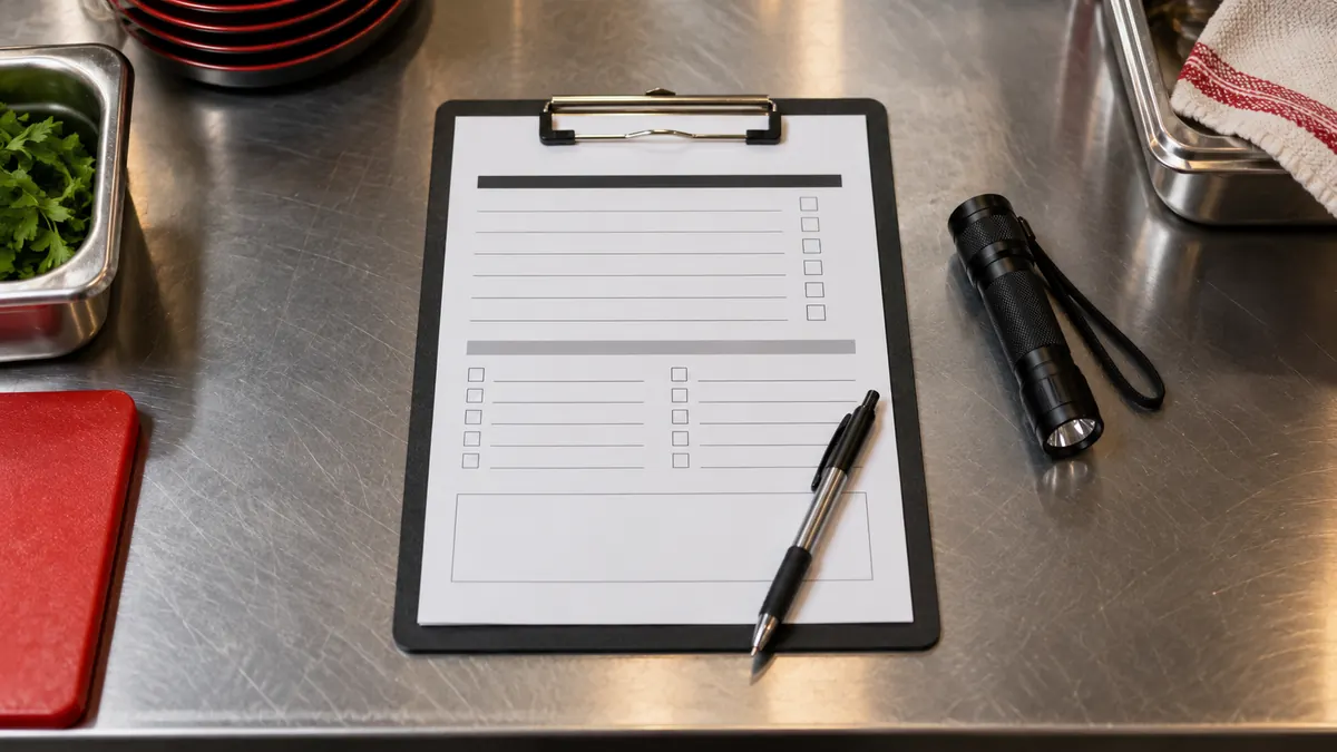 Written pest control service report on a clipboard after a commercial visit