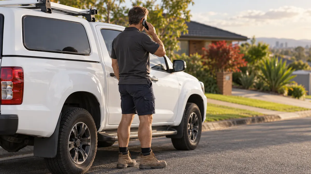 A pest controller on the phone with a customer beside his ute