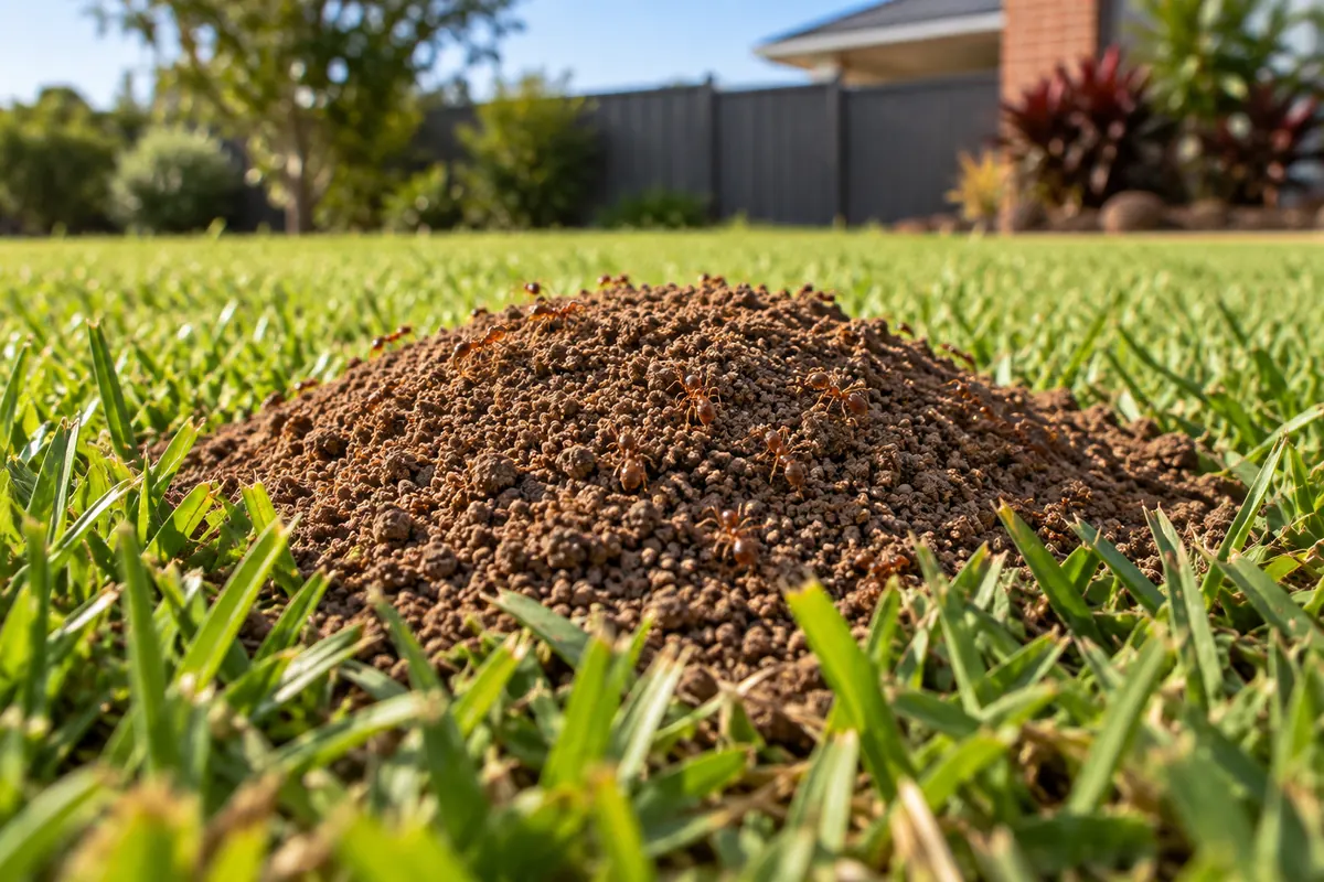 A fire ant mound of loose soil in a suburban lawn in Logan
