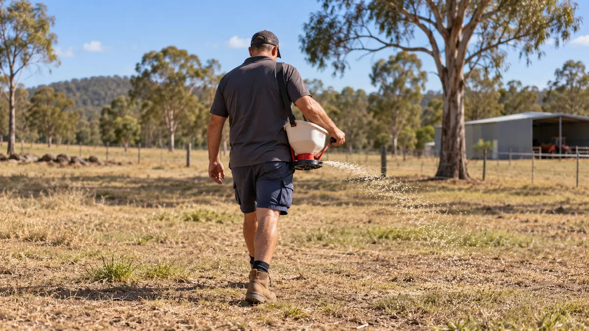 A pest controller applying fire ant treatment across an acreage paddock near Jimboomba