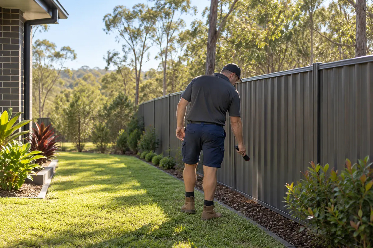 A pest controller checking the back fence of a Flagstone home that backs onto bushland