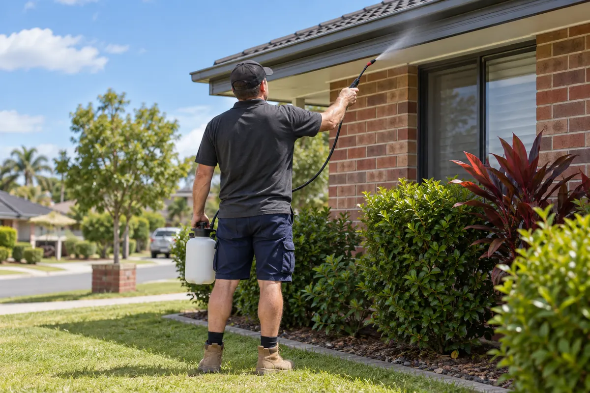 A pest controller spraying the eaves of a Logan home during an external perimeter treatment
