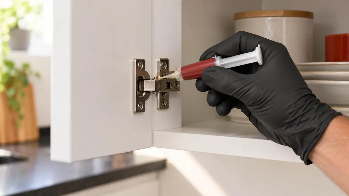 Gel bait being placed inside a kitchen cupboard hinge to treat cockroaches