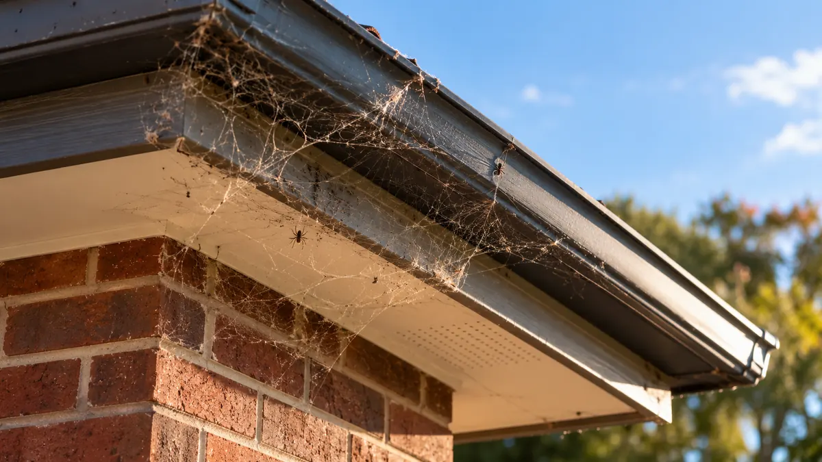 Spider webs under the eaves of a brick house before a general pest treatment