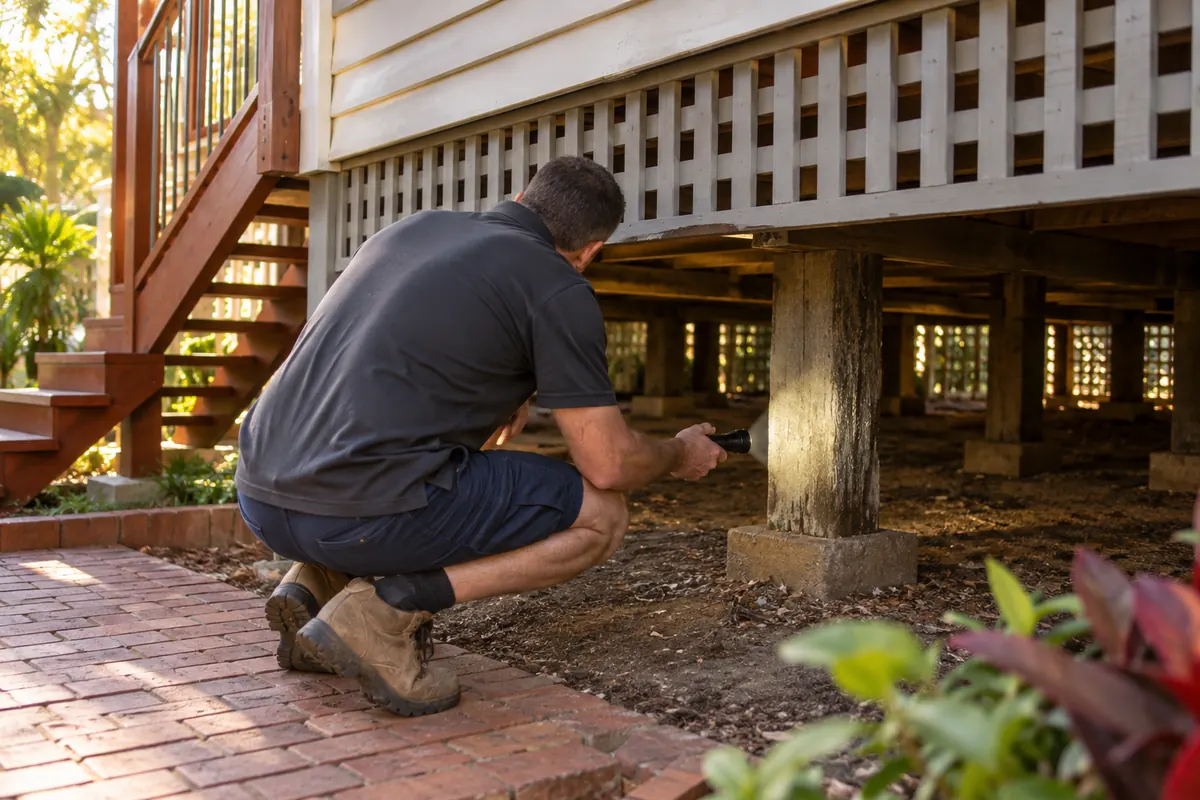 A pest controller checking the stumps under a timber Queenslander in Ipswich