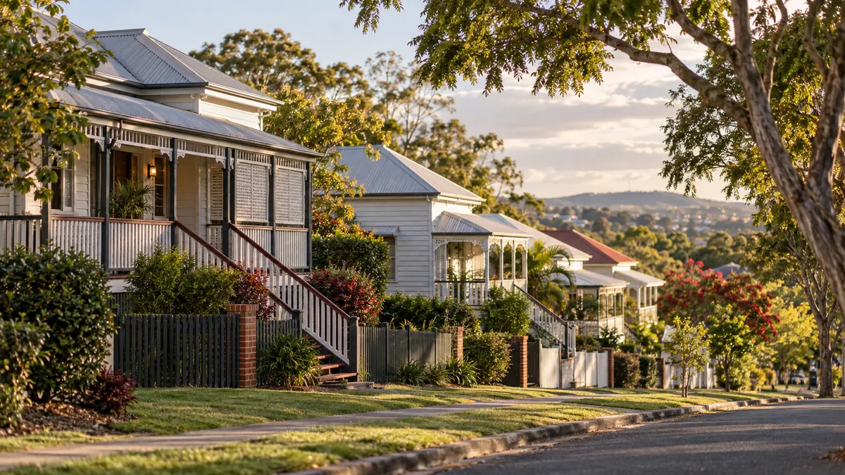 Street of older timber Queenslander homes in Ipswich