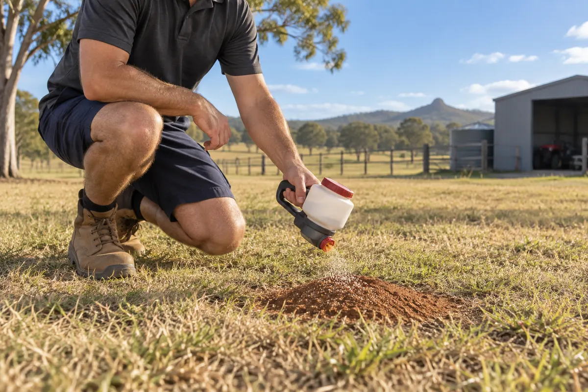 A pest controller treating a fire ant nest on a Jimboomba acreage block