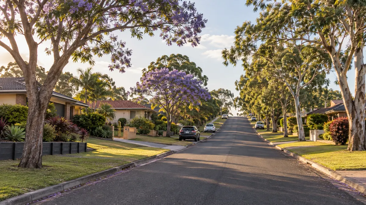 Leafy residential street of brick homes on a hill in Logan
