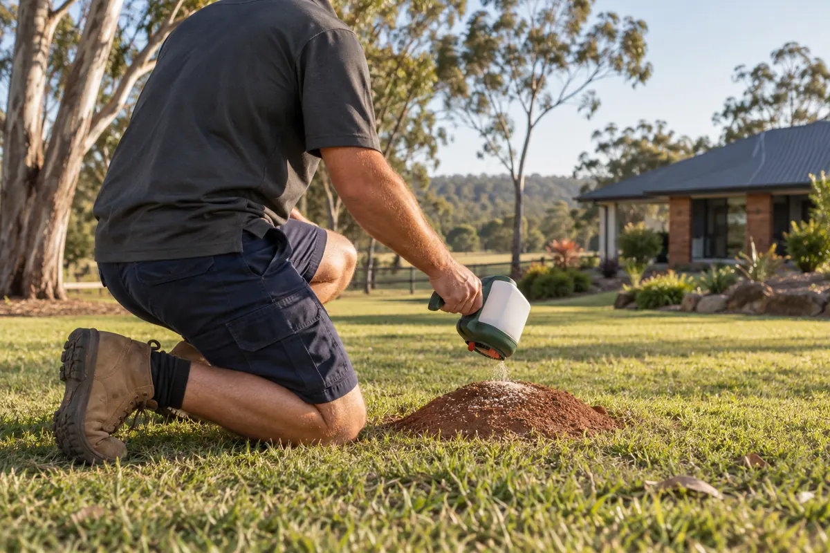 A pest controller treating a yard for fire ants in Park Ridge