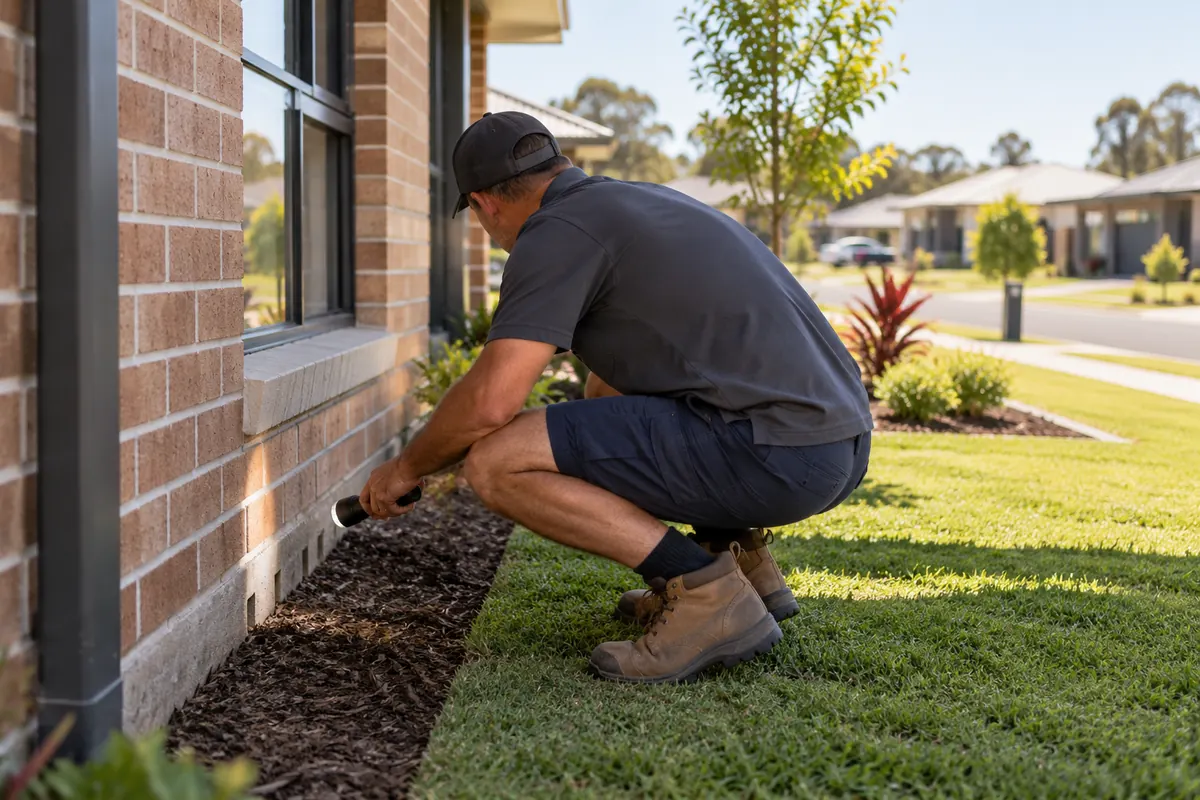 A pest controller inspecting the outside of a new home in Yarrabilba