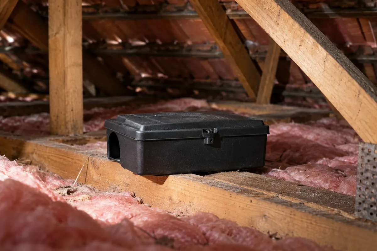 A lockable rodent bait station set in a roof void above ceiling insulation