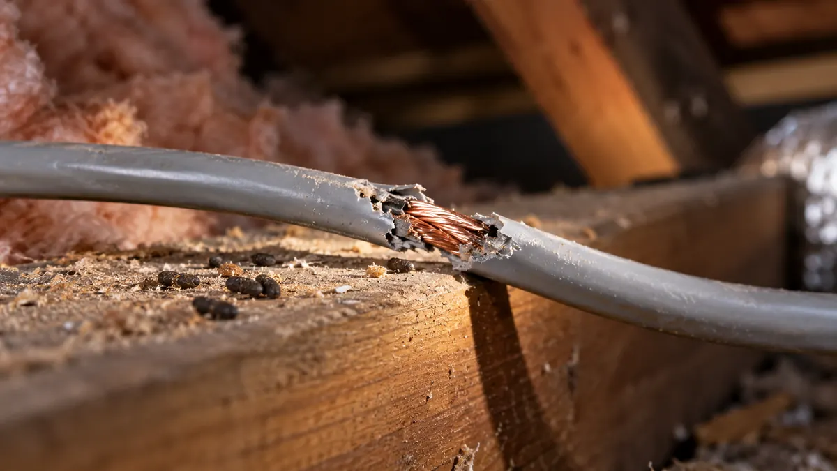 Gnaw marks on electrical cable in a roof space caused by rats