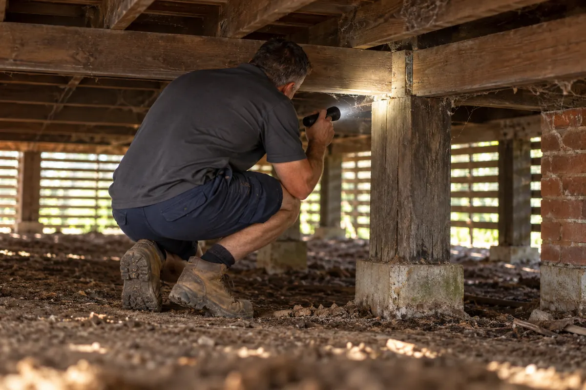 A pest controller inspecting the subfloor of a Logan home for termites with a torch