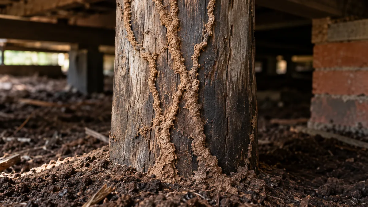 Termite mud leads running up a timber stump under a Queenslander
