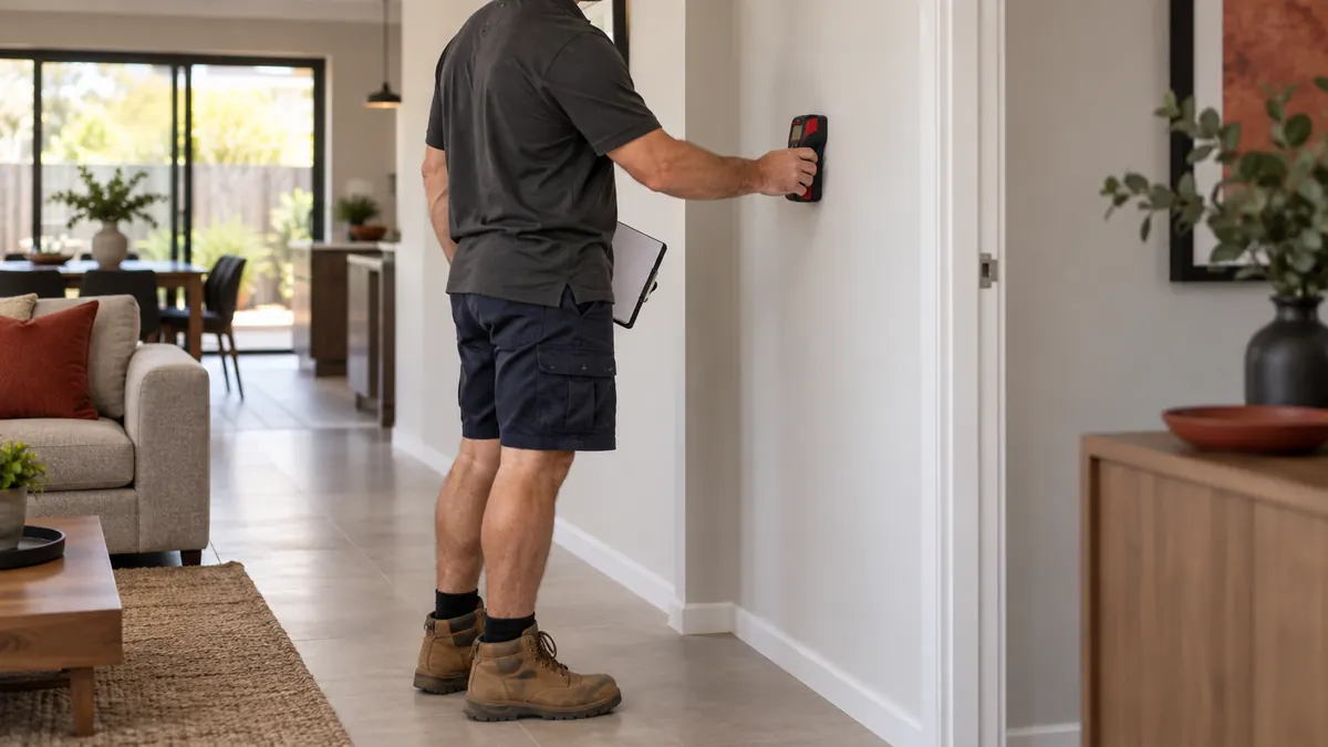 Termatrac radar unit held against an internal plasterboard wall during a termite inspection
