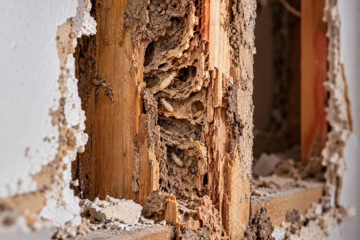 Termite damage inside a timber wall frame in a Brisbane home