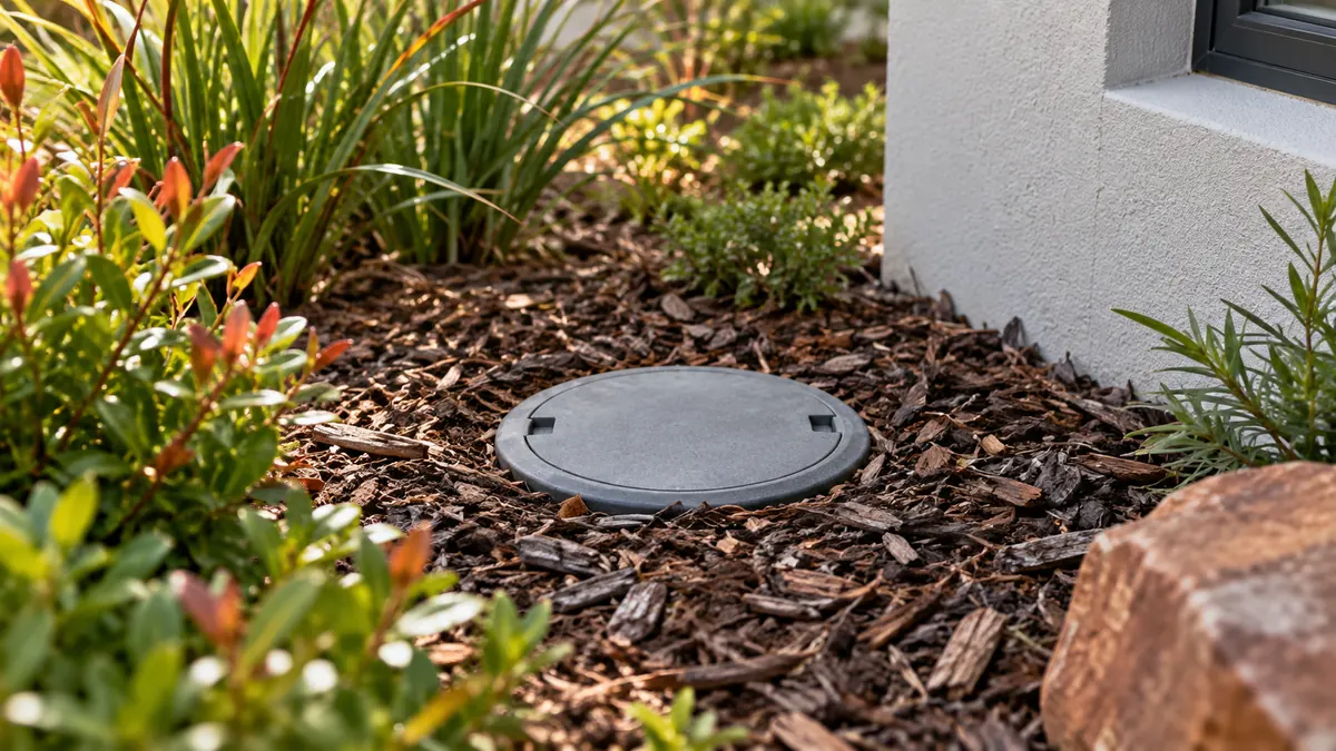 In-ground termite bait station installed in a garden bed beside a house
