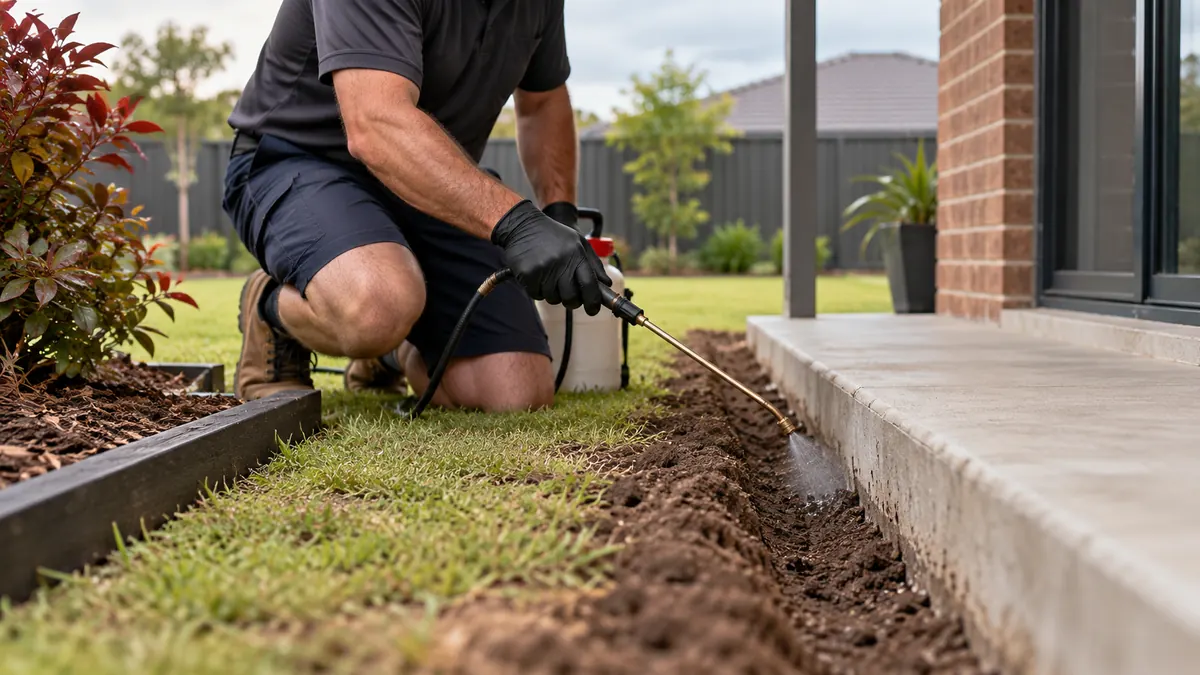 Soil being treated along the slab edge of a Logan home to create a treated zone